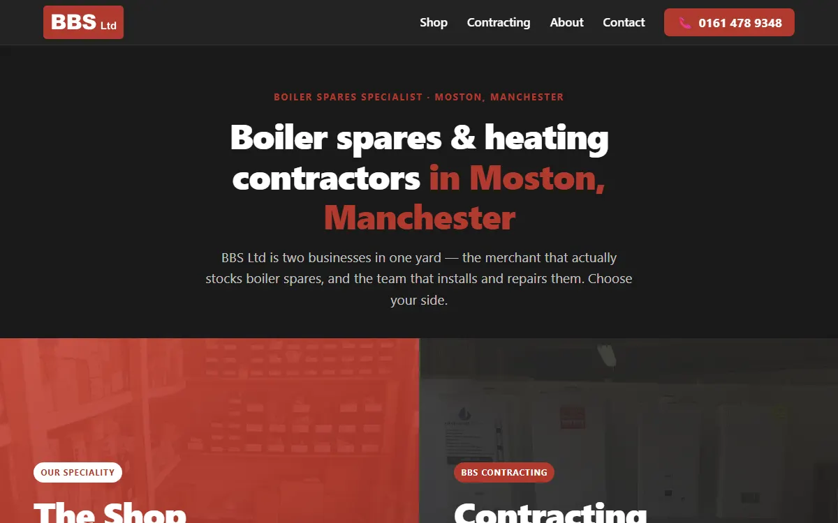 The BBS Ltd homepage: a dark red-and-black hero for the Moston, Manchester boiler spares and contracting business