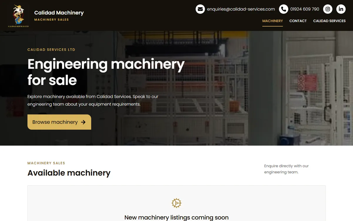 The Calidad Machinery homepage: a black-and-gold header with the Calidad Services logo, and a hero reading 'Engineering machinery for sale' over a photo of a workshop