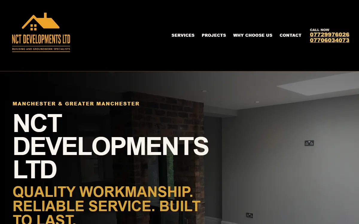 The NCT Developments Ltd homepage: a dark hero with a construction photo and the tagline 'Quality workmanship. Reliable service. Built to last.'