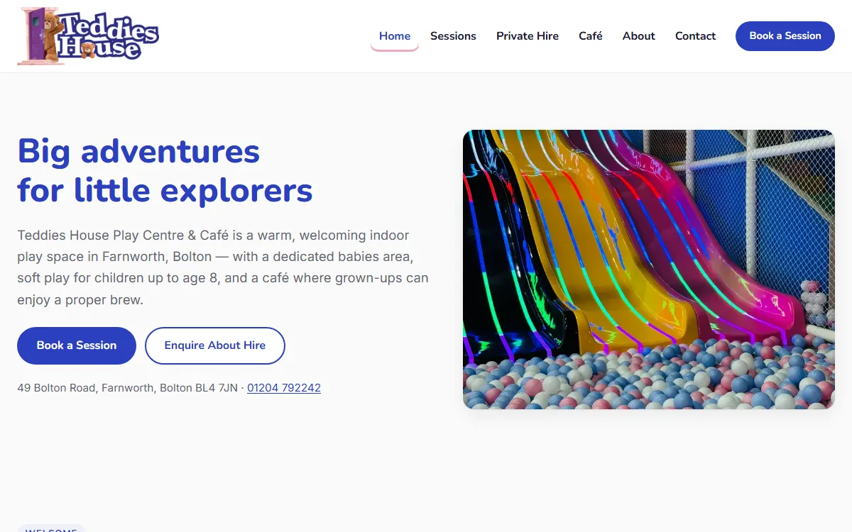 The Teddies House Play Centre homepage, in its cobalt blue and bubblegum pink branding, with a photo of the soft play slides